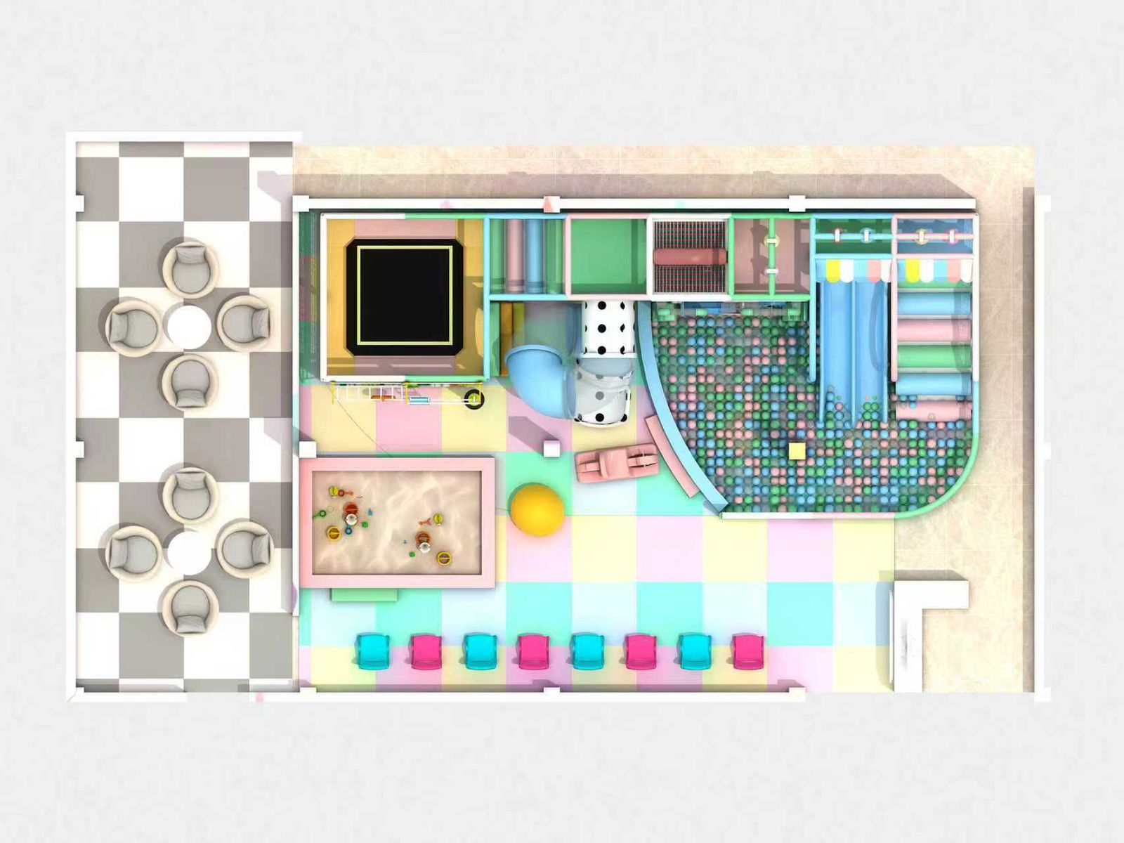 Hello Kids play area layout with trampoline, ball pit and café